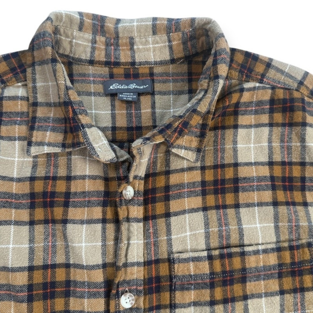 Eddie Bauer Mens XL Flannel Shirt Brown Tan Plaid Cotton Button Down EMT5568S